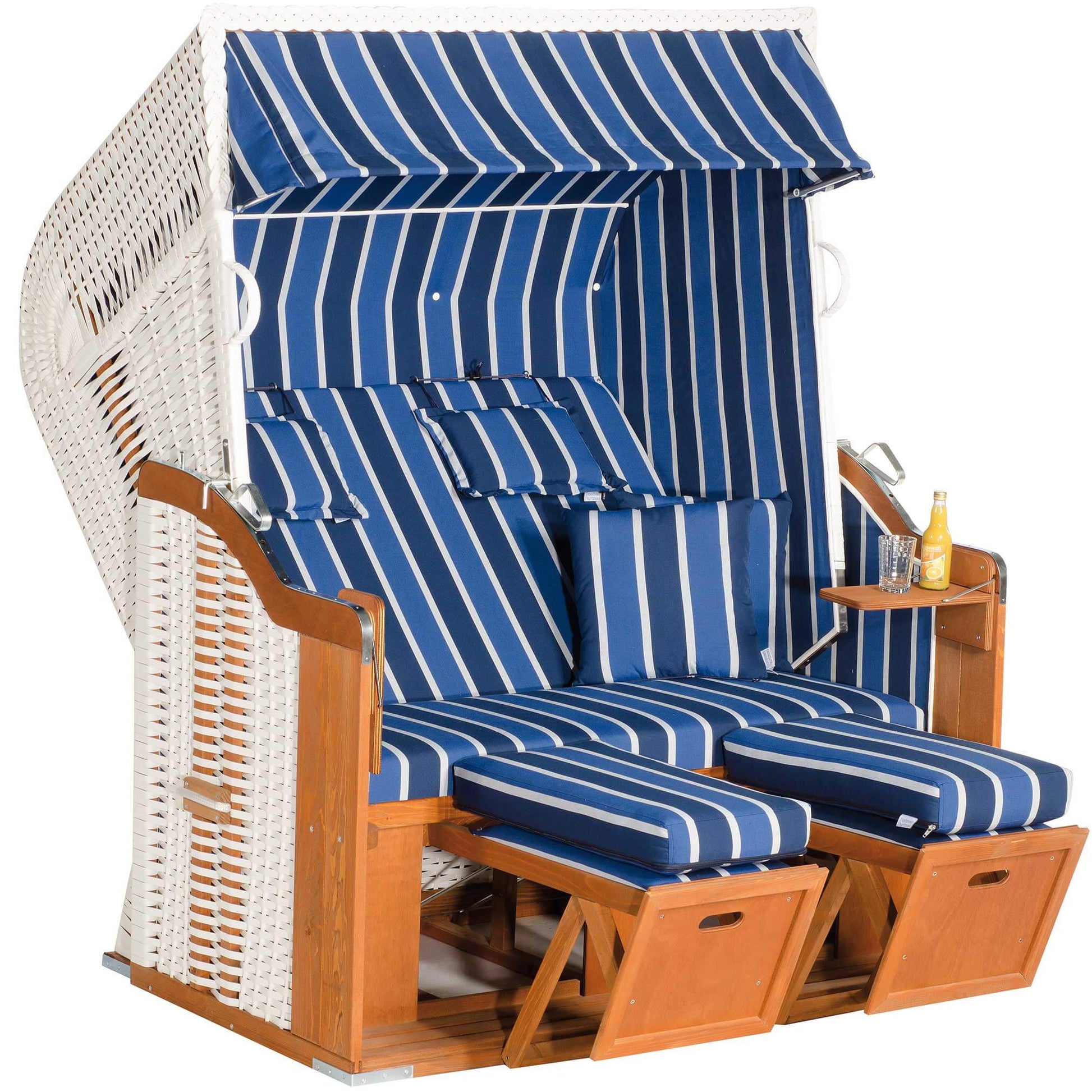 Strandkorb SunnySmart Rustikal 250 XL Plus in blau weiss, PVC-Geflecht weiss, Halbliege-Modell mit XL-Sitz und Fußstützen