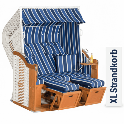 Strandkorb SunnySmart Rustikal 250 XL Plus in weißem PVC-Geflecht mit blau weißen Streifenpolstern, Halbliege XL-Sitzer für zwei Personen