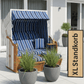 Strandkorb SunnySmart Rustikal 250 XL Plus in blau-weißem Dessin 1223 aus weißem PVC-Geflecht auf moderner Terrasse