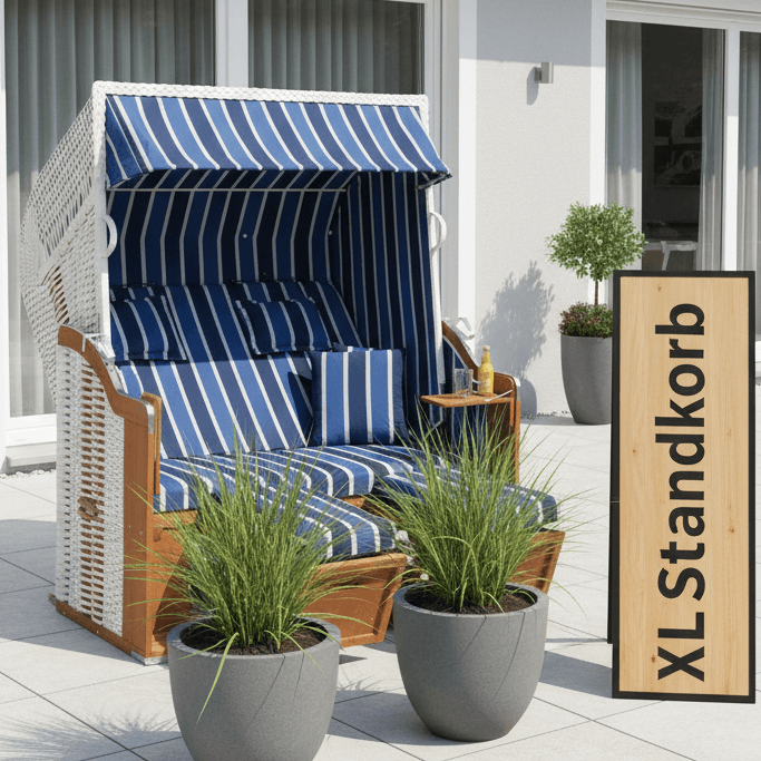 Strandkorb SunnySmart Rustikal 250 XL Plus in blau-weißem Dessin 1223 aus weißem PVC-Geflecht auf moderner Terrasse