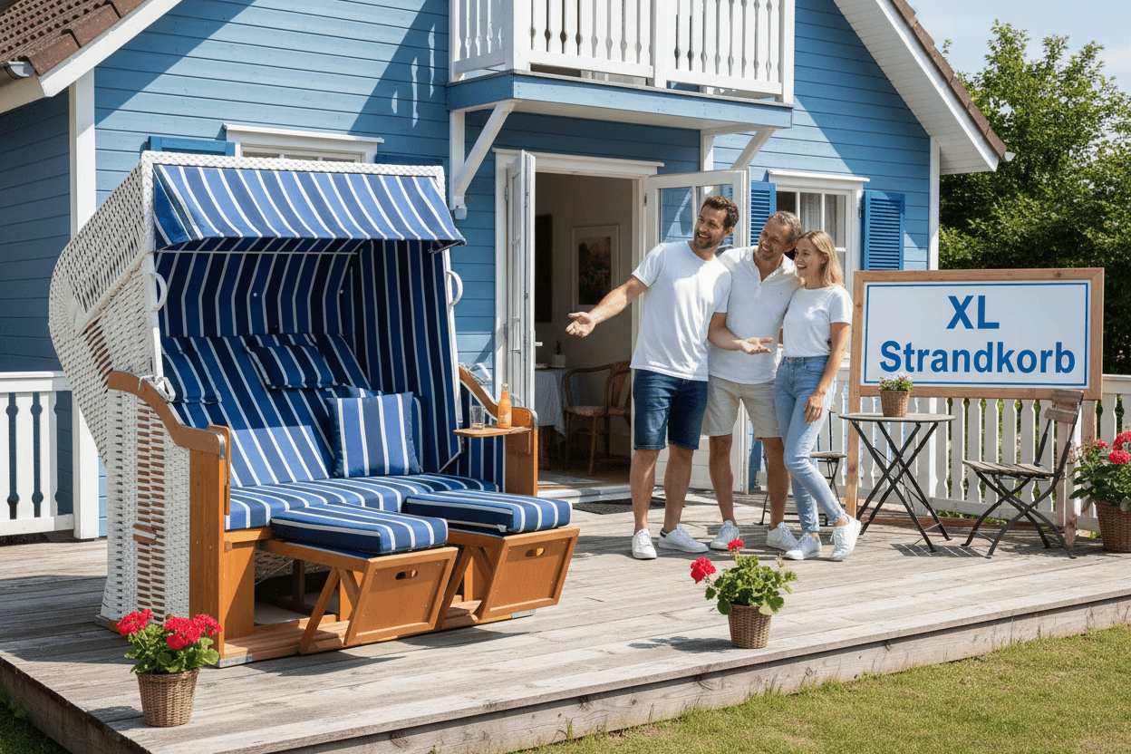 XL Strandkorb SunnySmart Rustikal 250 Plus auf Holzterrasse vor blauem Haus mit Paaren, blau weiße Polster, Halbliege XL-Sitzer