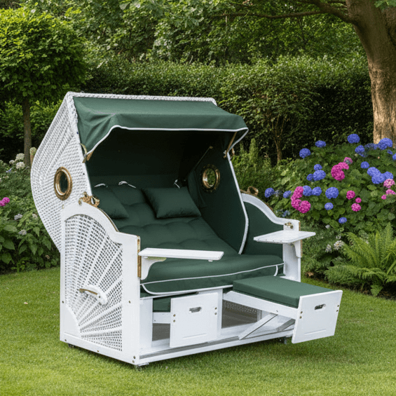 Strandkorb Prieß Modell Meister in Weiß mit grünem Stoffdessin im Garten, komfortabler Strandkorb mit Fußstützen und Ablageflächen