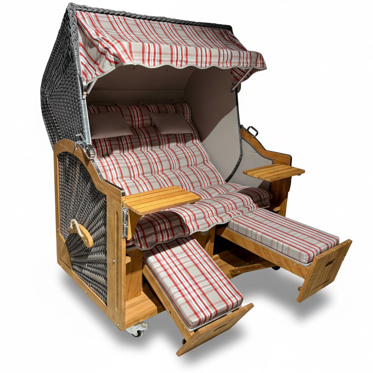 A104 Strandkorb Prieß Modell Meister aus Iroko-Holz mit dunkelgrauem PE Geflecht und rot-weiß karierten Polstern, 150 cm breit