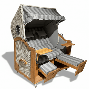 Strandkorb Prieß Modell Meister A105 Komplettpaket, Iroko Holz mit dunkelgrauem PE Geflecht und Polster, 150 cm breit
