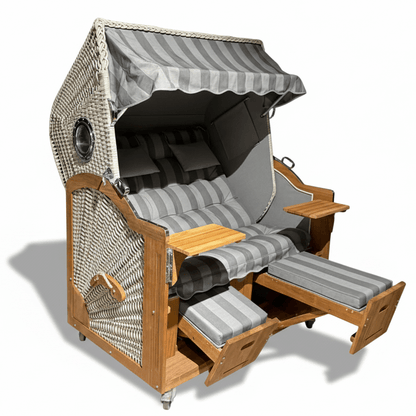 Strandkorb Prieß Modell Meister A105 Komplettpaket, Iroko Holz mit dunkelgrauem PE Geflecht und Polster, 150 cm breit
