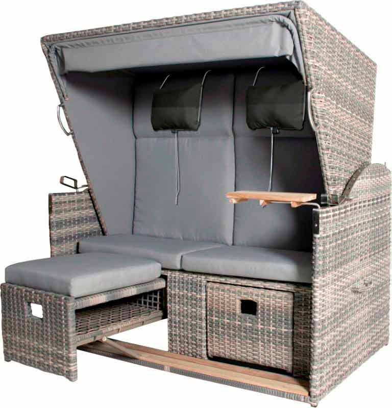 4Seasons Strandkorb XL aus Polyrattan mit Teak Safe Hülle, atmungsaktiv und robust, grau, ideal für den Garten.