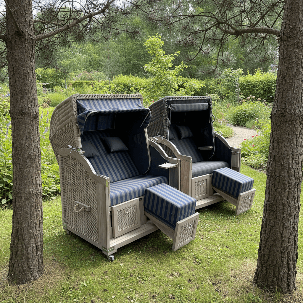 Strandkorb Landhaus Sylt Teak Vintage, 2-Sitzer mit gestreiften Polstern im Garten umgeben von Pflanzen.