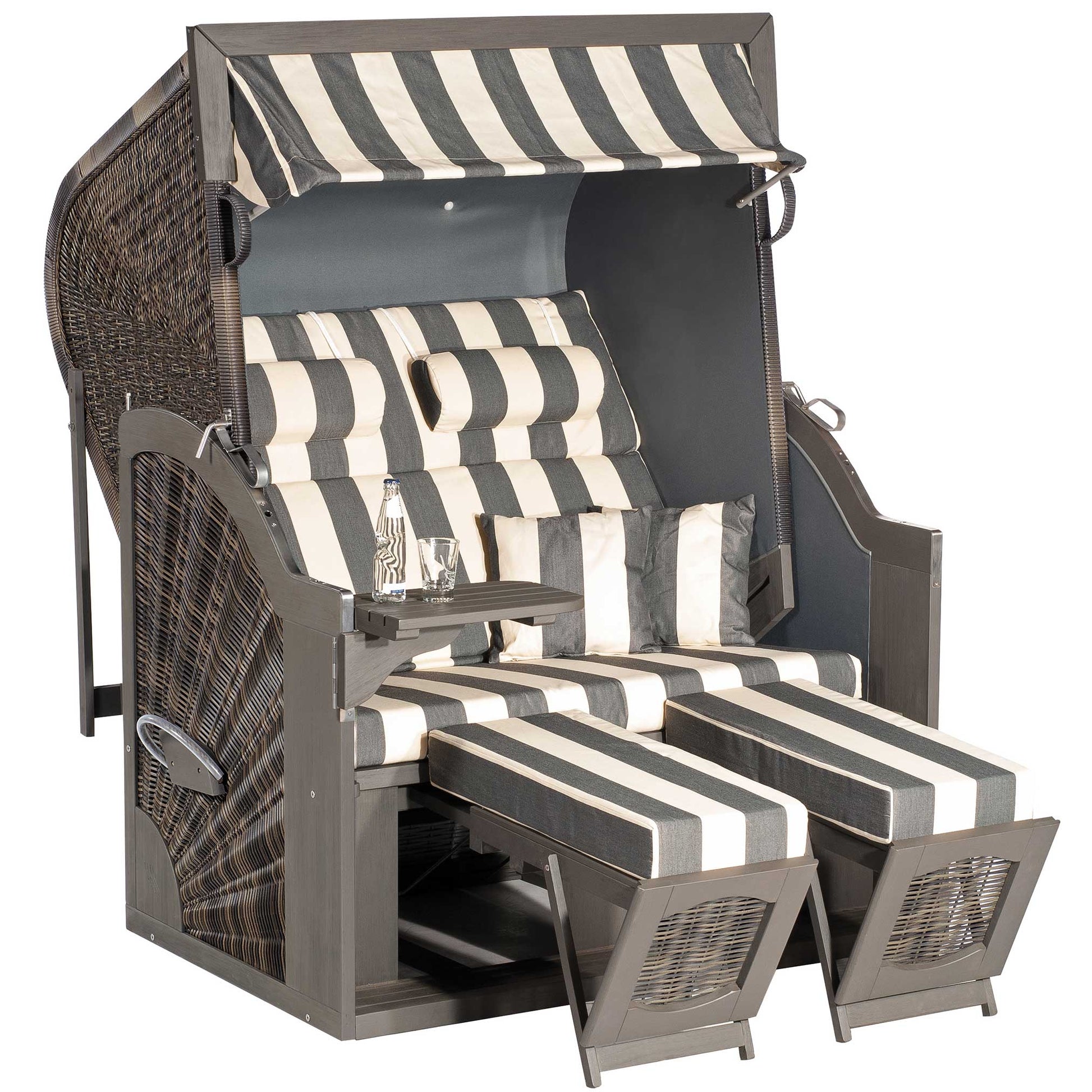 Strandkorb SunnySmart Rustikal 400 Z Comfort XL Pinienholz grau mit vintage-braunem Geflecht und Dessin 1180 gestreiften Polstern