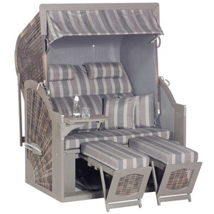 Strandkorb SunnySmart Rustikal 400 Z Comfort XL aus Pinienholz grau mit vintage-braunem PE-Geflecht und Dessin 1232, Frontansicht