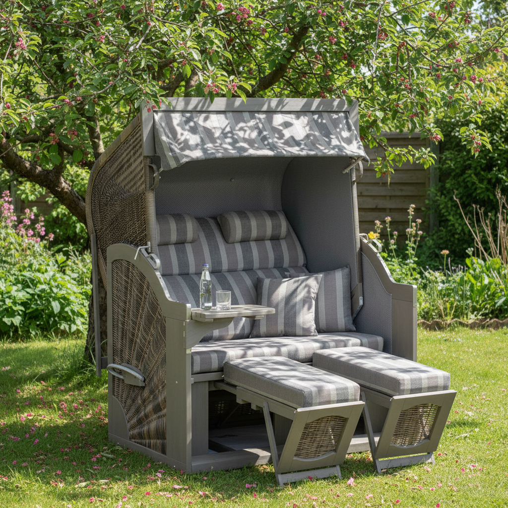 Strandkorb SunnySmart Rustikal 400 Z Comfort XL Pinienholz grau lasiert - PE-Geflecht vintage-braun Dessin 1232