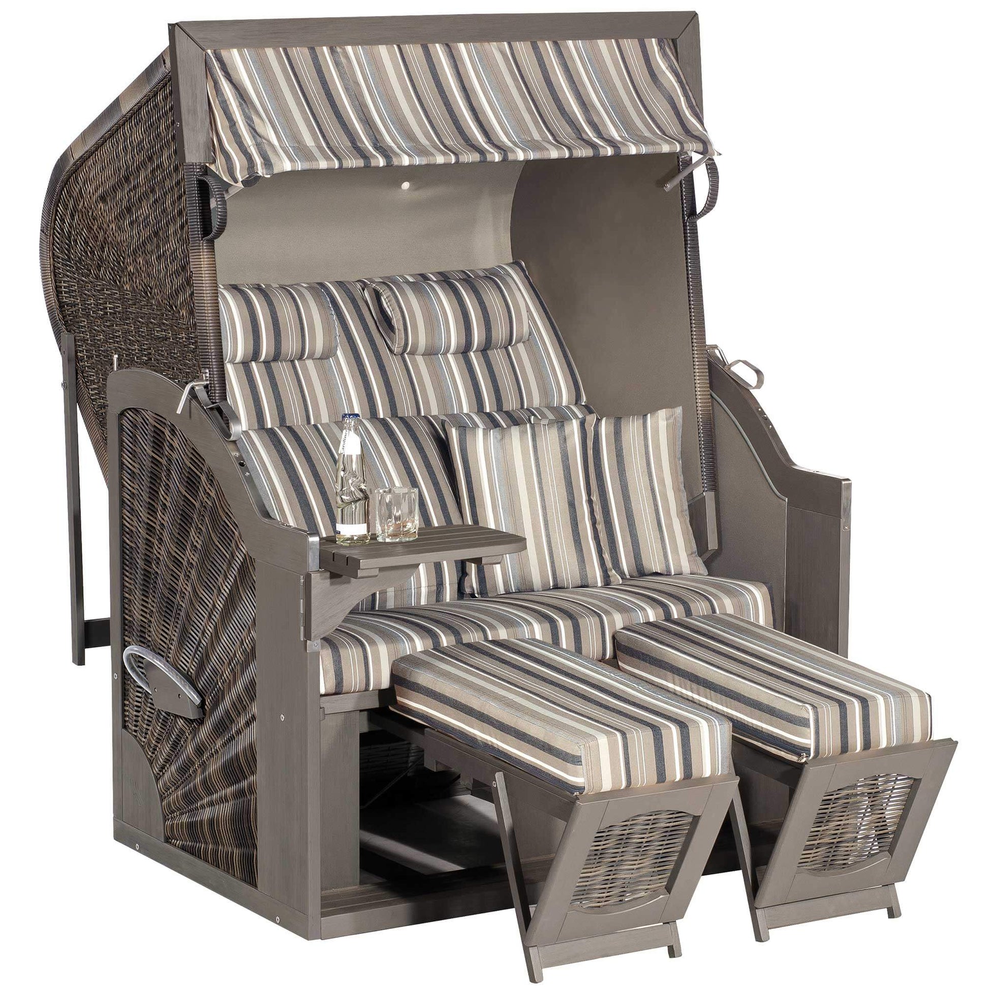 Strandkorb SunnySmart Rustikal 400 Z Comfort XL aus Pinienholz grau mit vintage-braunem Geflecht und Dessin 1233 gestreiften Polstern