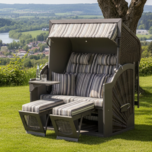 Strandkorb SunnySmart Rustikal 400 Z Comfort XL Pinienholz grau lasiert - PE-Geflecht vintage-braun Dessin 1233