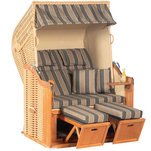 Strandkorb SunnySmart Rustikal 255 Plus mit Holzgestell und gestreiften Kissen, ideal für entspannte Stunden im Freien.