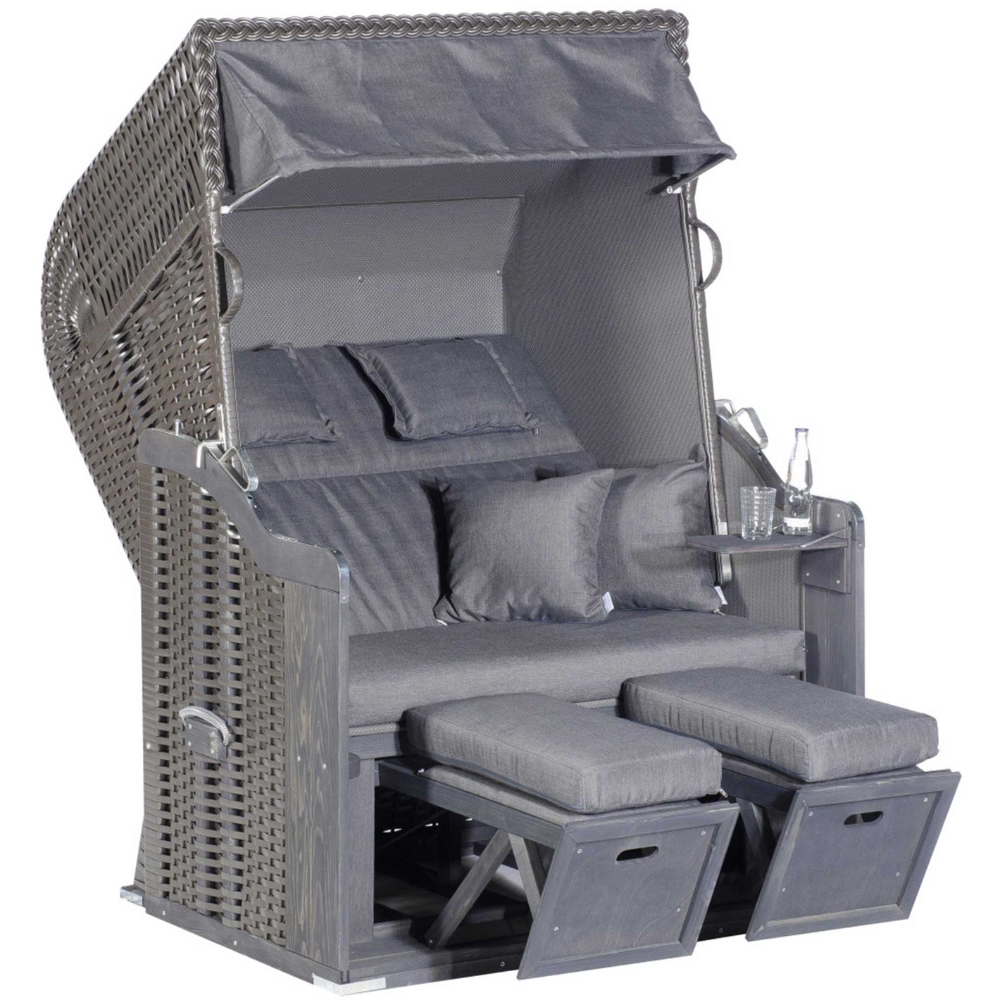 Strandkorb SunnySmart Rustikal 255 Plus in Grau mit PVC-Geflecht und Fußstützen, 2-Sitzer Liegemodell Dessin 1234