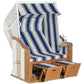 SunnySmart 2-Sitzer Strandkorb in grau mit streifen für wetterfeste Aufbewahrung im Freien.