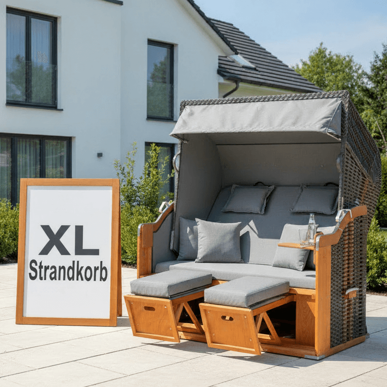 Strandkorb SunnySmart Rustikal 250 XL Plus in Anthrazit als halbliegender XL-Strandkorb mit Fußstützen und Kissen auf Terrasse vor modernem Haus