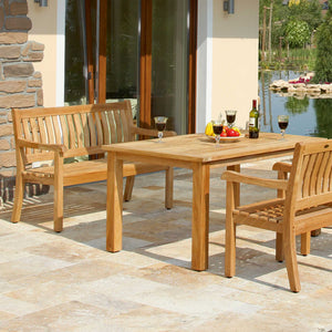 Wales Sitzbank Teak 2-Sitzer 130 cm von Sonnenpartner auf Terrasse mit Gartentisch und Stuhl aus Teakholz
