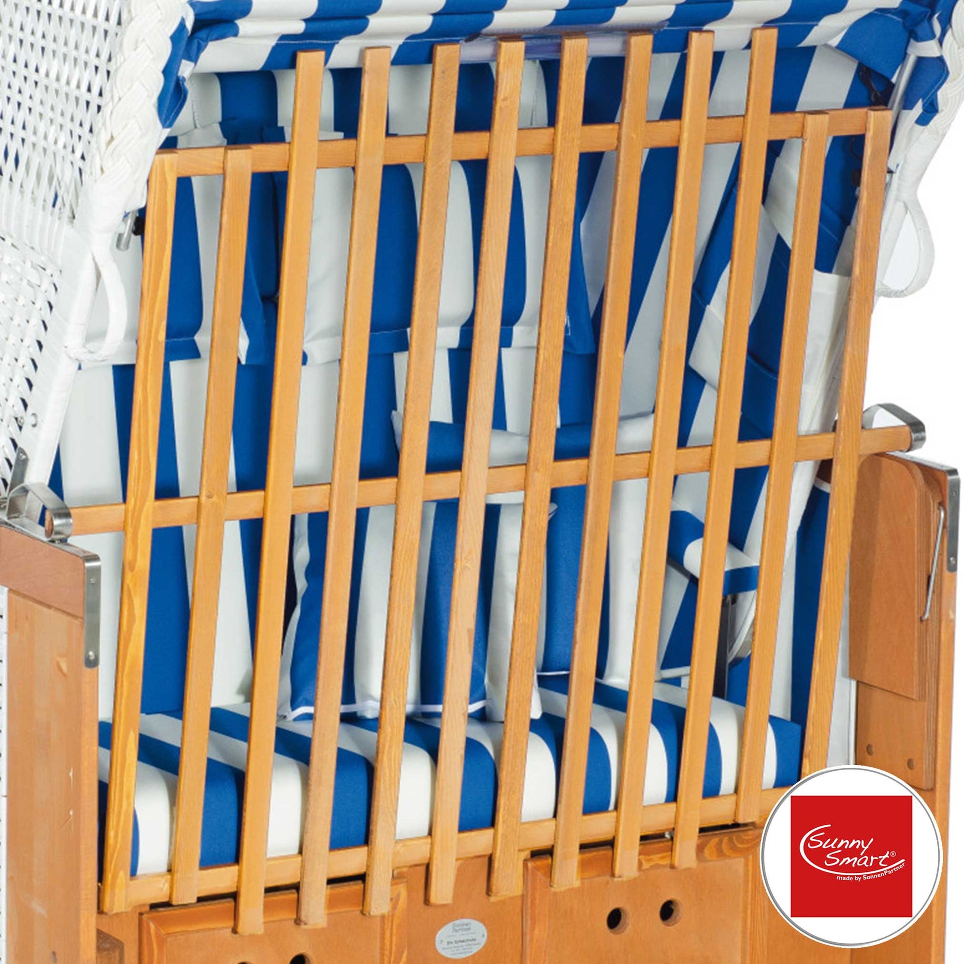 Strandkorb Tierschutzgitter SunnySmart Modell Rustikal 285 Z 250/255 2-Sitzer aus lasierter Kiefer/Fichte vorne montiert