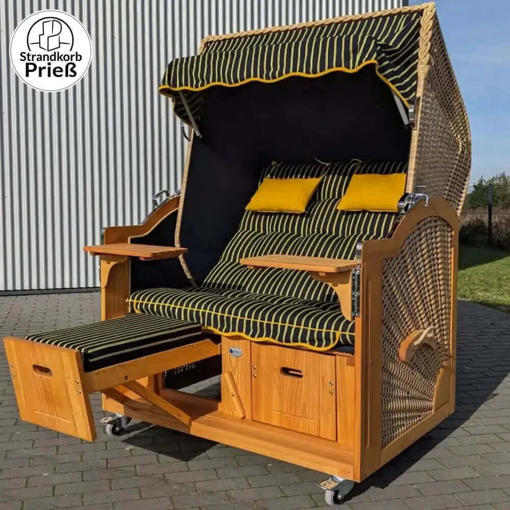 7005 Strandkorb Prieß Modell Meister, Foto zeigt Lärche Holz, PE Geflecht naturoptik, Größe wählbar, Stoffdessin wie abgebildet - Strandkorb Fachhandel Prieß