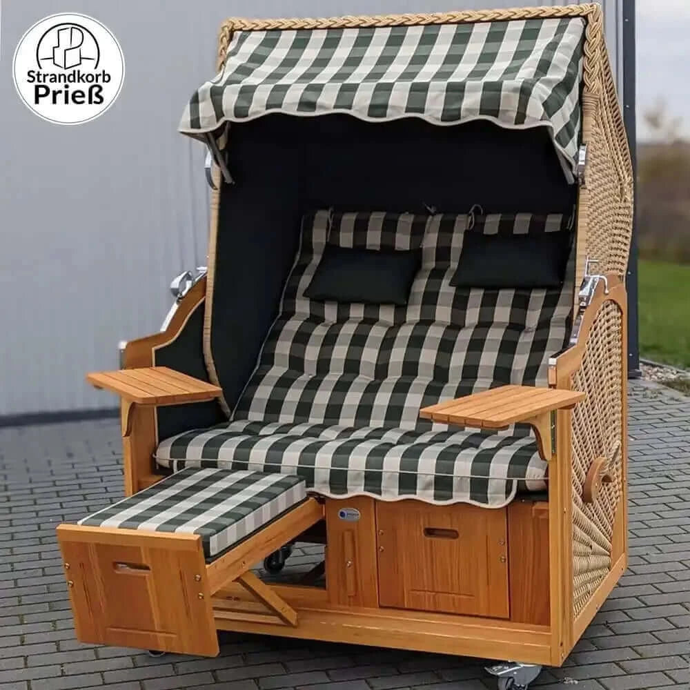 7006 Strandkorb Prieß Modell Meister, Foto zeigt Lärche Holz, PE Geflecht naturoptik, Größe wählbar, Stoffdessin grün wie abgebildet - Strandkorb Fachhandel Prieß