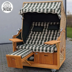 7006 Strandkorb Prieß Modell Meister, Foto zeigt Lärche Holz, PE Geflecht naturoptik, Größe wählbar, Stoffdessin grün wie abgebildet - Strandkorb Fachhandel Prieß