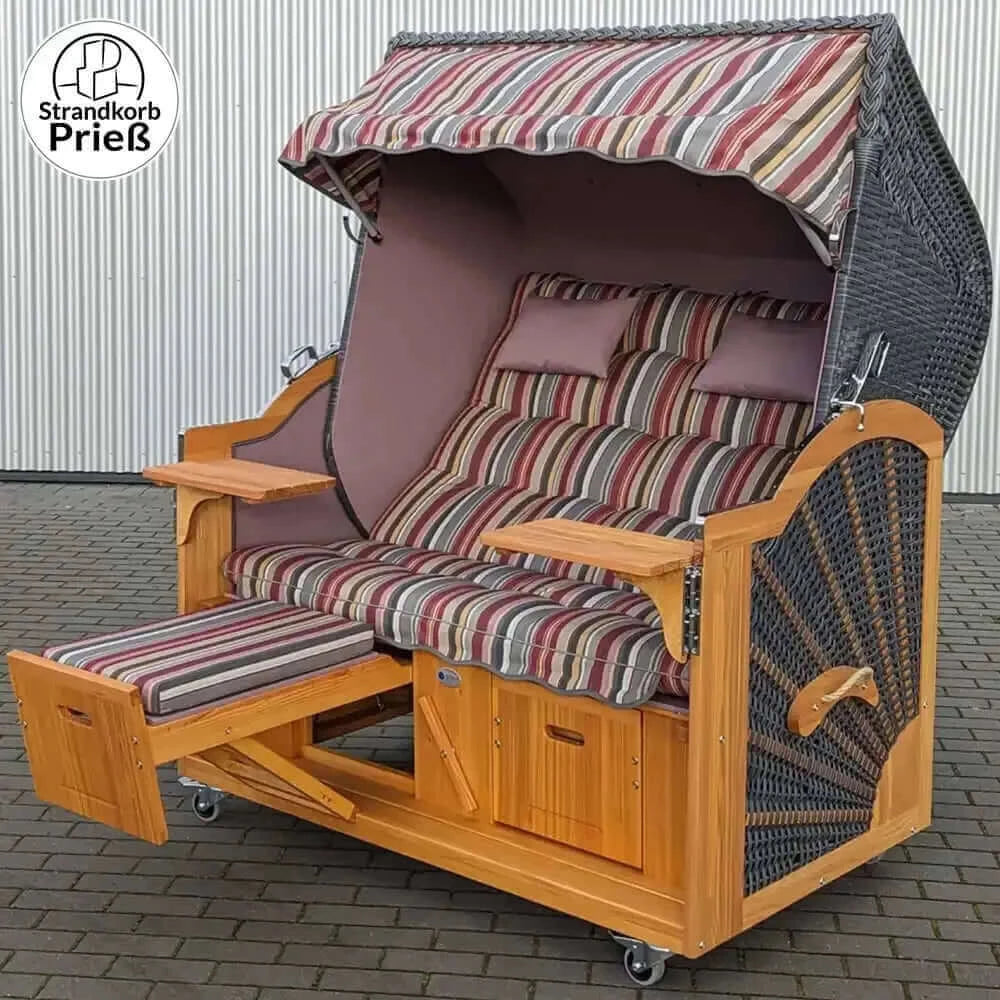 7014 Strandkorb Prieß Modell Meister, Foto zeigt Lärche Holz, PE Geflecht anthrazit, Größe wählbar, Stoffdessin wie abgebildet - Strandkorb Fachhandel Prieß