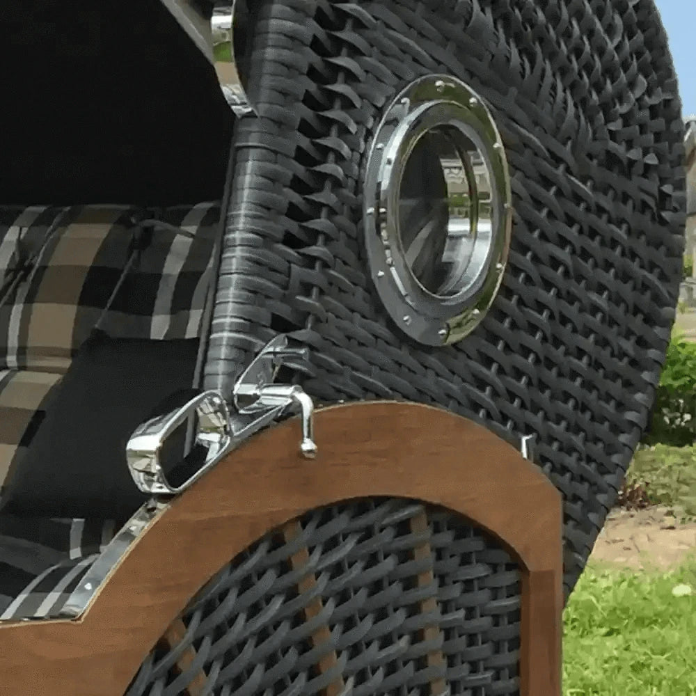 6008 Strandkorb Prieß, Modell Meister, Foto zeigt Iroko Holz, PE-Geflecht anthrazit, Größe wählbar, Stoff-Dessin wie abgebildet - Strandkorb Fachhandel Prieß